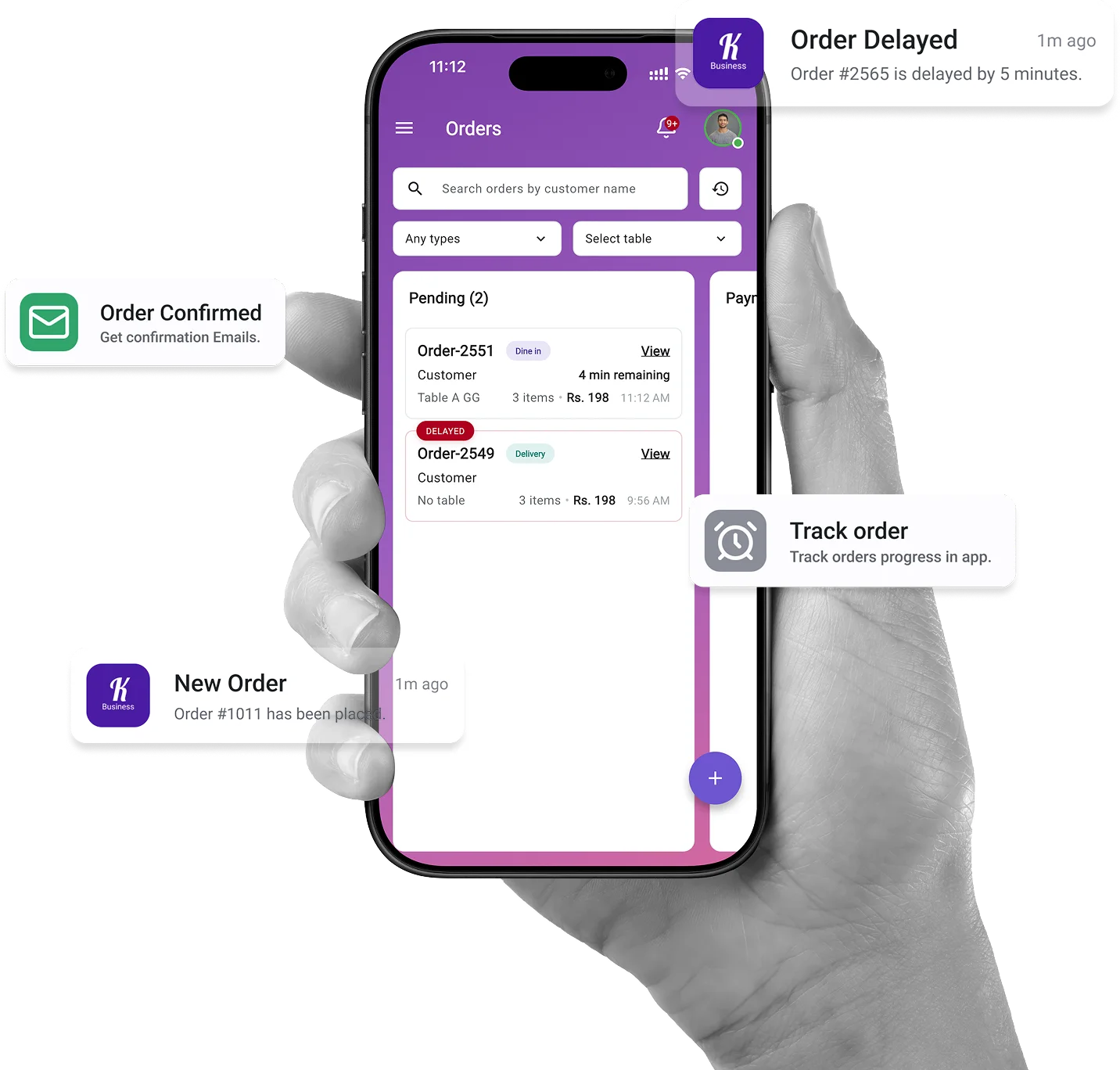A phone showing the Kinyo orders screen with new order, delayed order and confirmation notifications