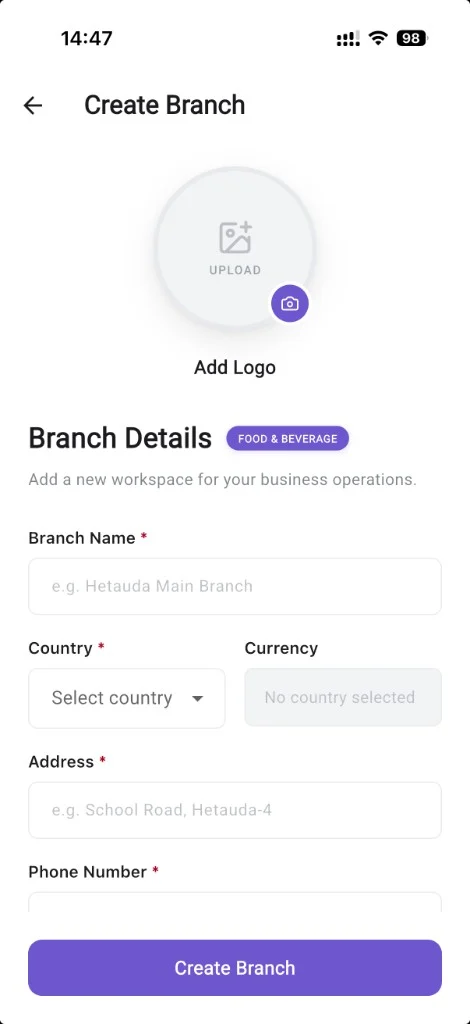 Kinyo Create Branch screen with a branch details form