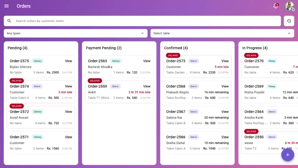 Kinyo orders board with Pending, Payment Pending, Confirmed and In Progress columns