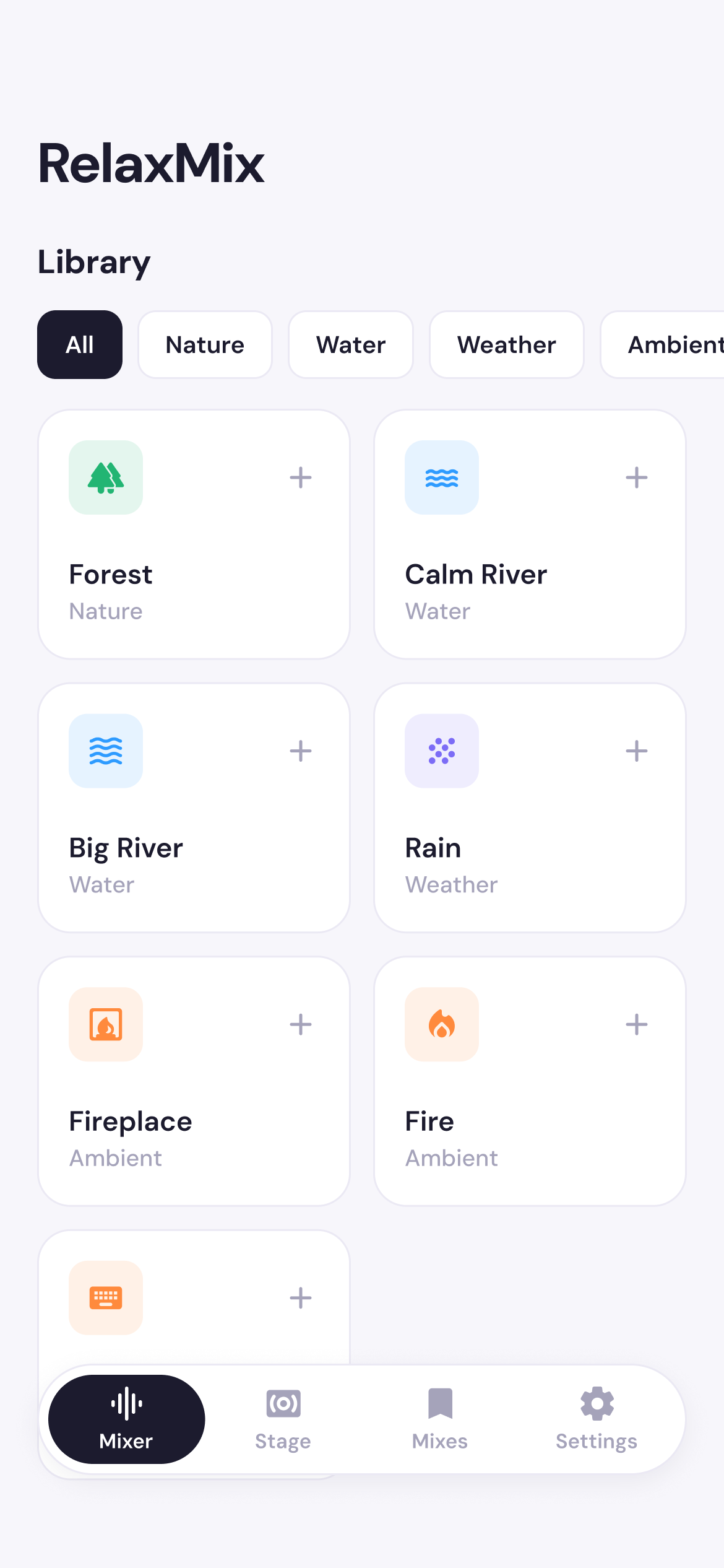 RelaxMix mixer screen with sound tiles for forest, rain and fireplace