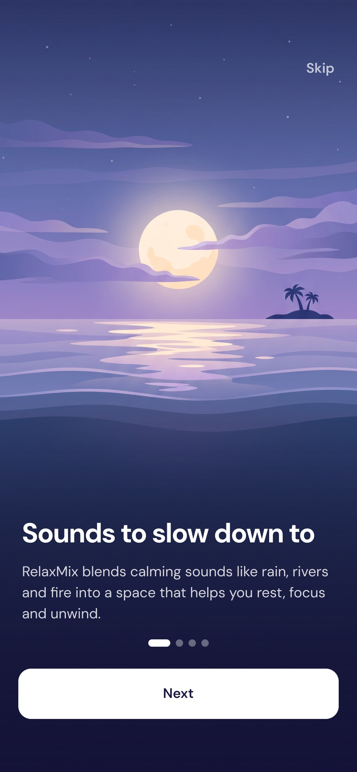 RelaxMix onboarding screen showing a moonlit sea