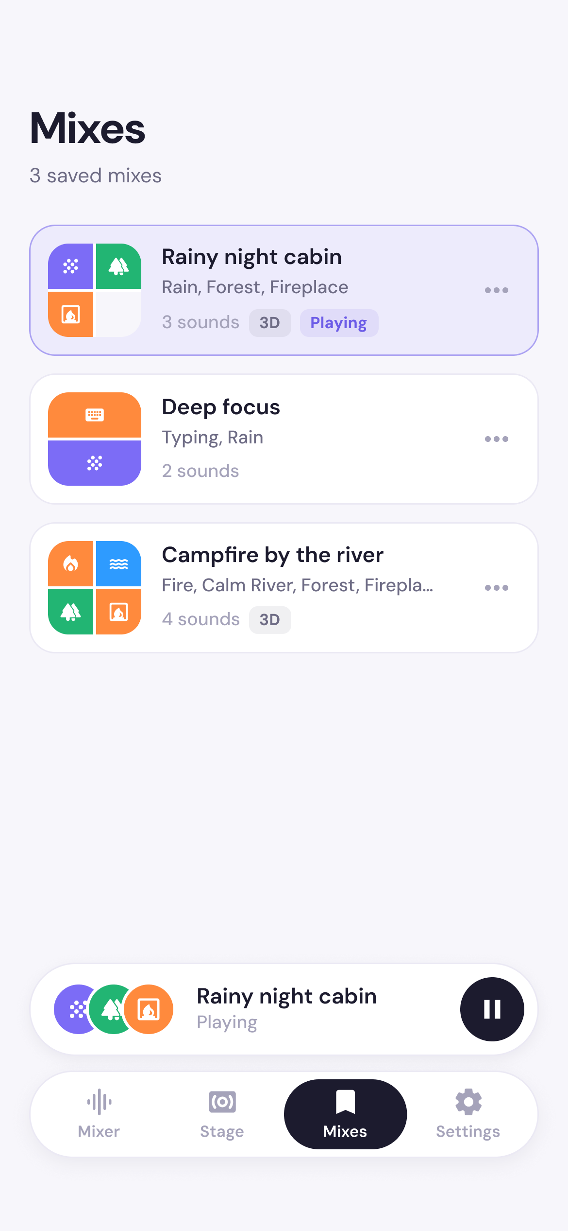 RelaxMix Saved mixes screen