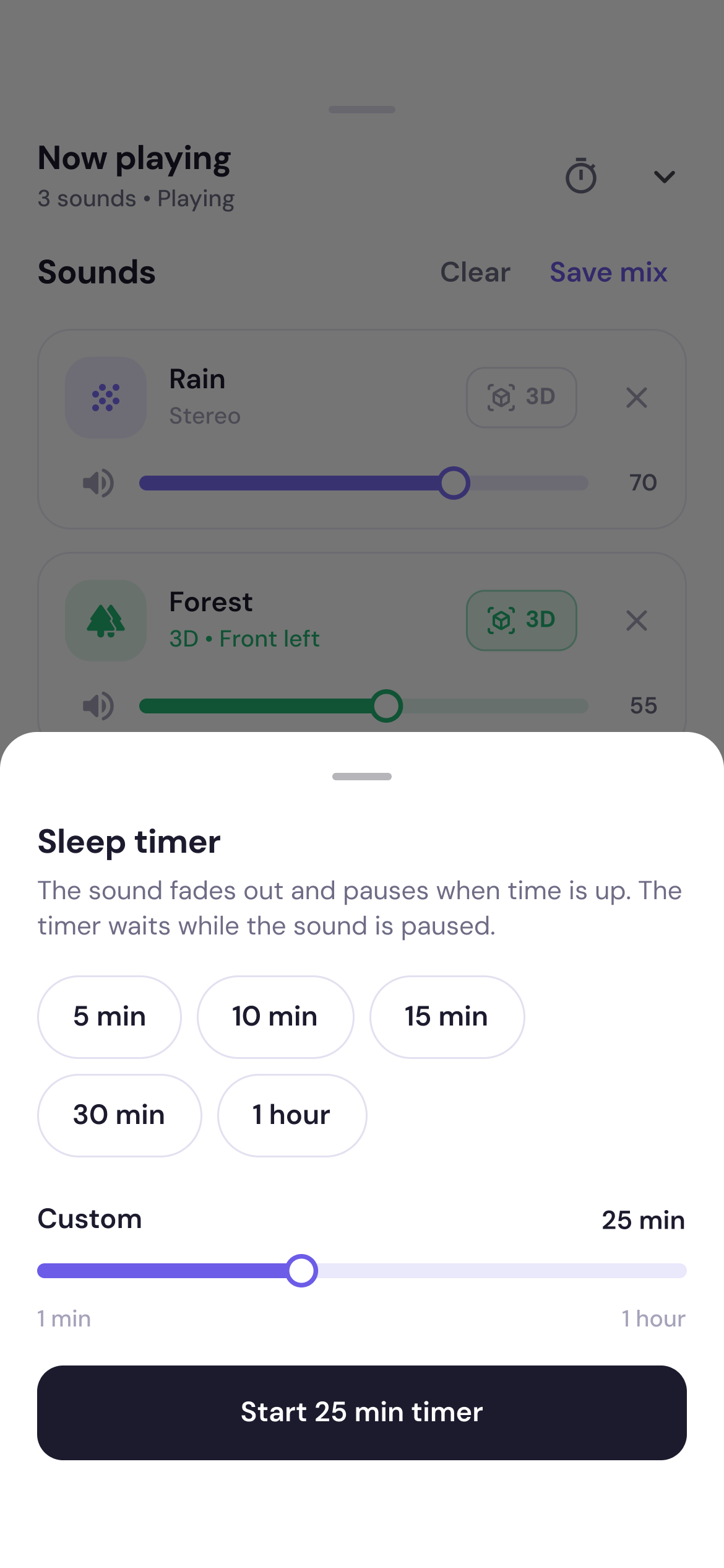 RelaxMix Sleep timer screen