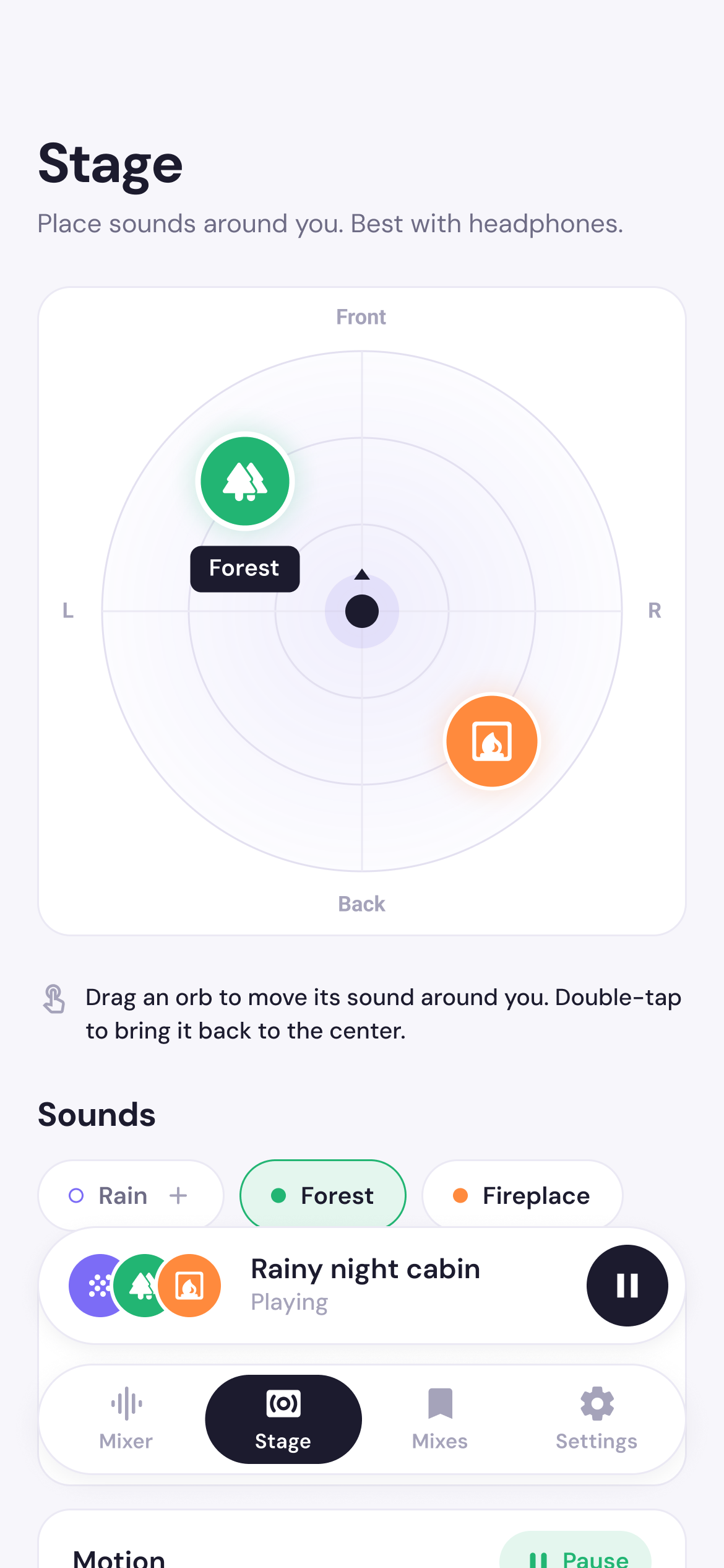 RelaxMix stage screen placing sounds around the listener