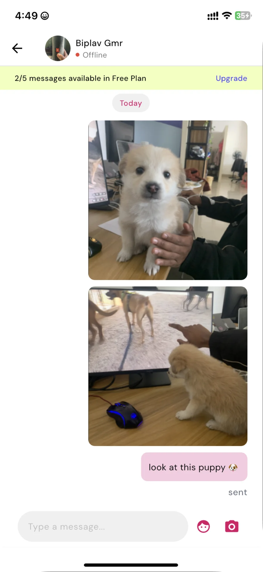 Saino dating app chat screen with photo messages